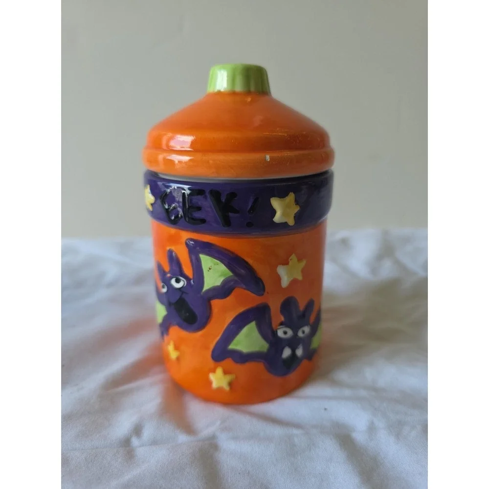 Trick Or Treat Small Lidded Candy Jar Canister Purple Bats Halloween‎